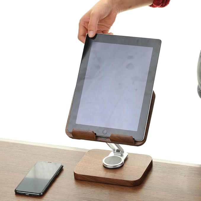 Adjustable Tablet Stand for Desk - Walnut Wood Portable Tablet Holder with Customizable Height & Angle, Sturdy Dock for iPad Pro/Air/Mini, Kindle, E-Reader, Phone & Small Laptops (Home/Office Use)
