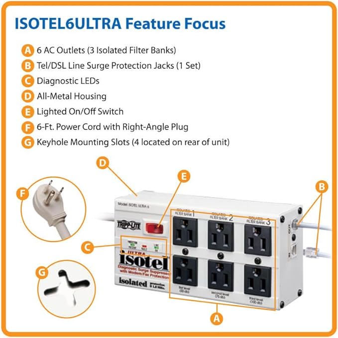 Tripp Lite Isobar 6 Outlet Surge Protector Power Strip, Tel/Modem, 6ft Cord Right Angled Plug, 50K Insurance (ISOTEL6ULTRA), Off White