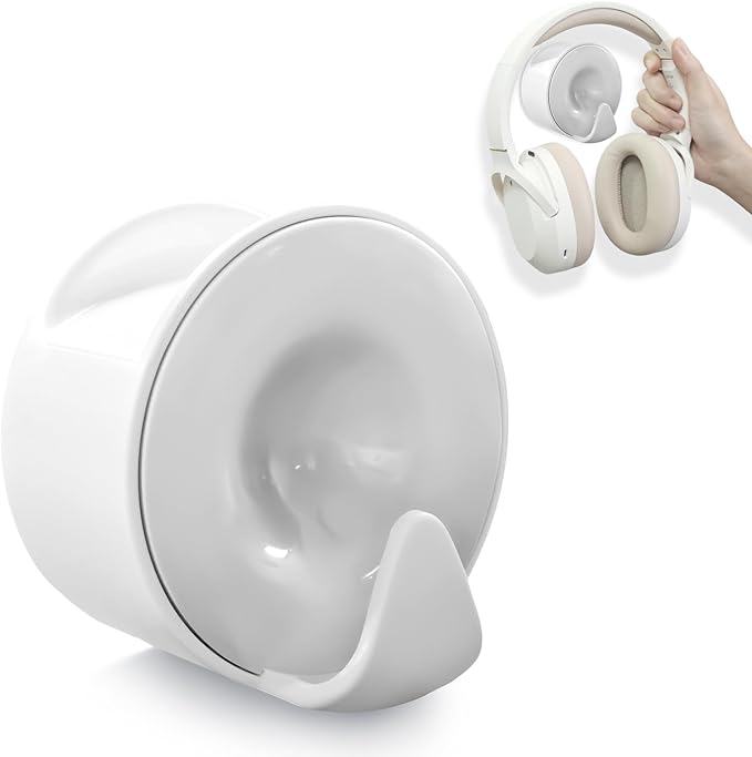 Aenfaiy Headphone Holder Wall Mounted, Under Desk Adhesive Headphone Hook, White Gaming Headset Stand Hanger for Desk with Cable Hook, Fits Slim On-Ear & Over-Ear Headphones| Headband Width Up to 30mm