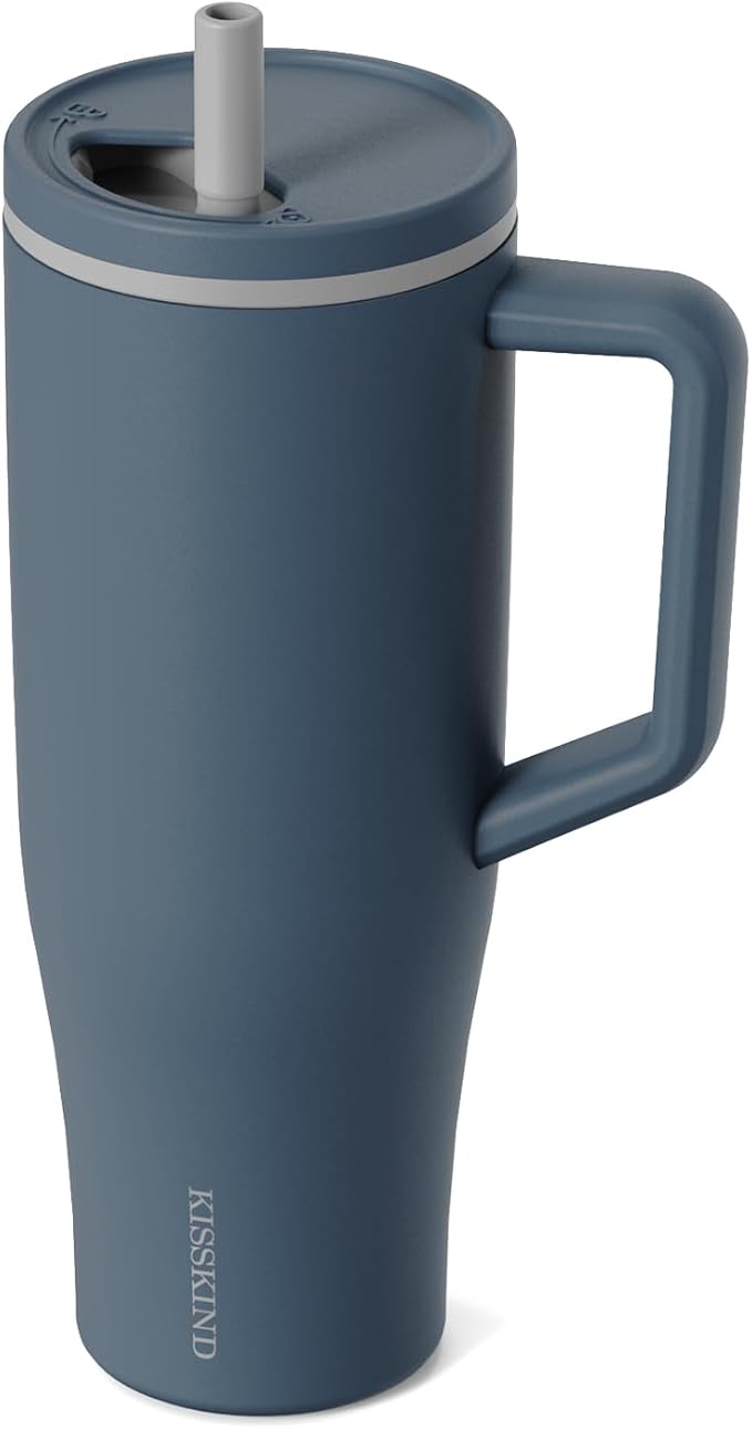 KISSKIND 40 oz Tumbler with Handle and Straw | Lumi Spin Hidden Straw 100% Leakproof Insulated Tumbler | Stainless Steel Water Bottle for Mom, Nurse, Teacher | Blue