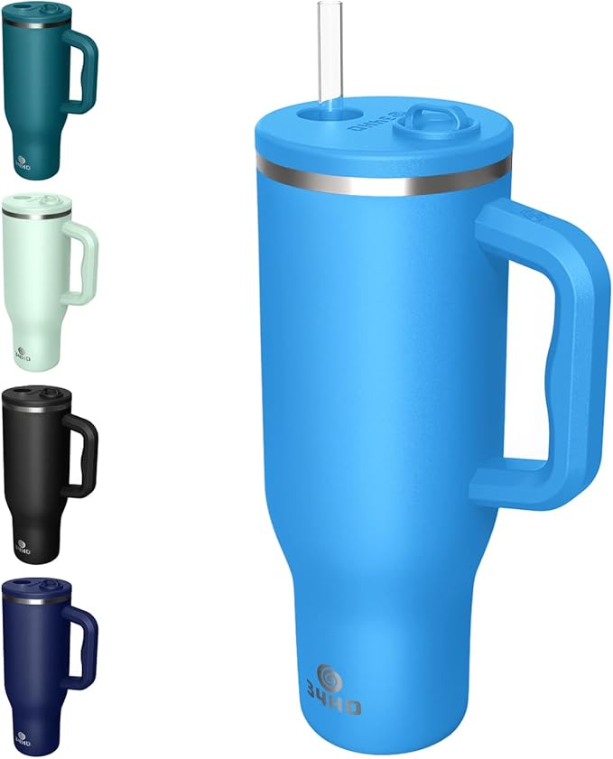34HD 40 oz Stainless Steel Tumbler - Leakproof Insulated Water Bottle with Handle, Magnetic Lid and Flexible Straw - Iced for 48 Hours – Perfect for Men, Women, Birthday Gift, Blue - Ocean Breeze