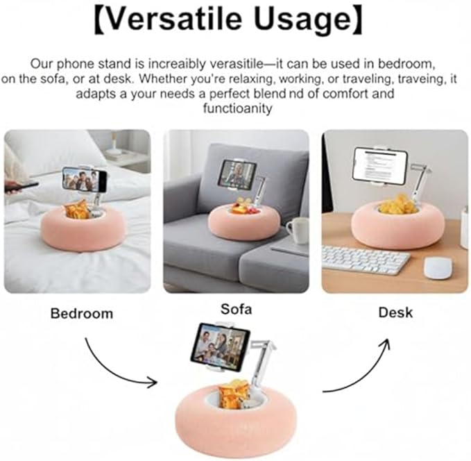 Fuzzy Pillow Phone Holder with Snack Bowl, Adjustable 360° Rotating Magnetic Stand for Phone/Tablet/Kindle iPad, Soft Plush Fabric, Detachable Snack Bowl for Reading for Bed (Double-Blue)
