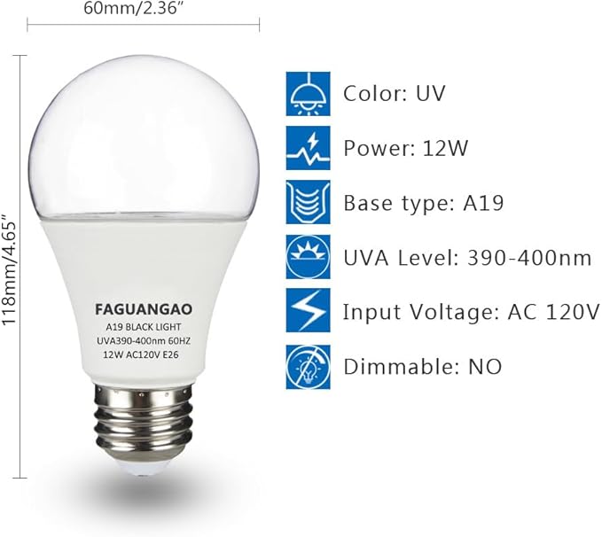FAGUANGAO LED Black Light Bulb,12W(100Watt Equivalent) A19 UV Blacklight Bulb,120V,UVA Level 390-400nm,E26 Medium Base,Glow in The Dark for Blacklight Party,Fluorescent Poster,Neon Glow(6 Pack)