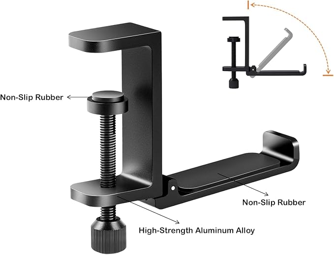 blingwider Metal Heavy Duty Foldable Headphone Holder for Desk, Headset Stand for Desk,Backpack Holder Hook for Desk,Bag Hook Under Desk,Clamp Hook for Desk Attachments,Black