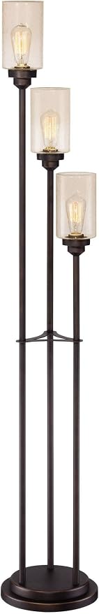 Franklin Iron Works Libby Industrial Modern 66" Tall Tree Floor Lamp with Smart Socket Oiled Bronze Brown Metal 3-Light Amber Seeded Glass Shade for Living Room Family Bedroom Office House Home