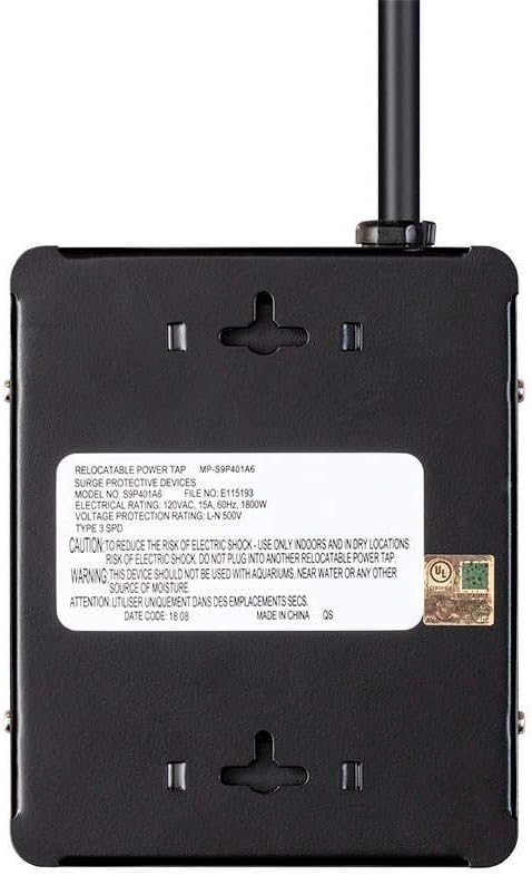 Monoprice Heavy Duty Metal Surge Protector - 4 Outlet Power Strip, 180 Joules, UL Certified, 6 Feet Cable, Black