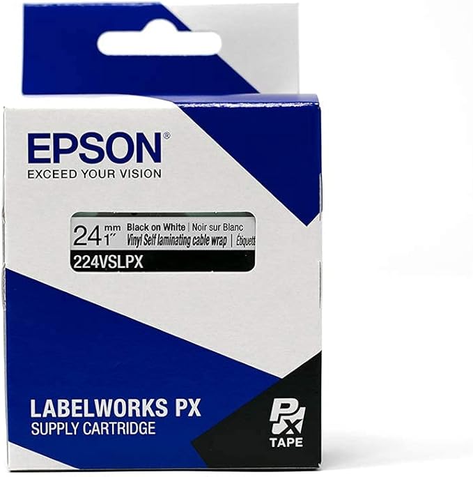 Epson LABELWORKS 224VSLPX Genuine Tape Cartridge - Black on White Flexible and Durable Vinyl Self Laminating Overwrap Industrial Label Maker Tape - 1" (24MM) Wide, 26.2 ft