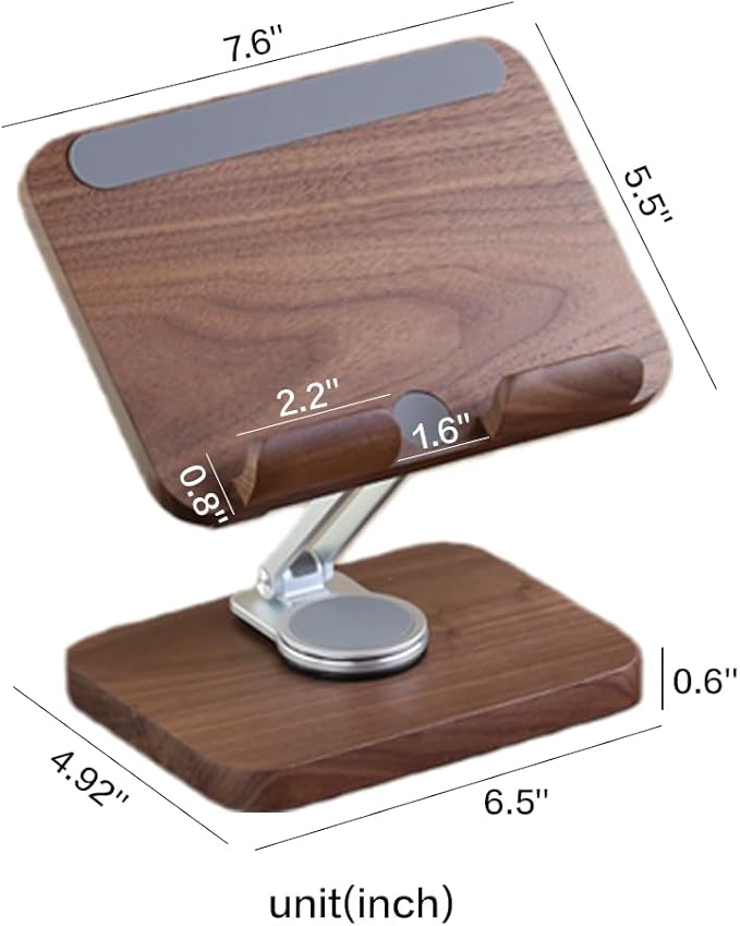 Adjustable Tablet Stand for Desk - Walnut Wood Portable Tablet Holder with Customizable Height & Angle, Sturdy Dock for iPad Pro/Air/Mini, Kindle, E-Reader, Phone & Small Laptops (Home/Office Use)