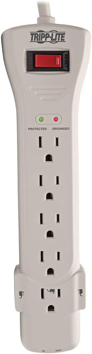 Tripp Lite 7 Outlet Surge Protector Power Strip, 7ft, Right-Angle Plug, Fax/Modem Protection, RJ11, $75,000 Insurance (SUPER7TEL), Gray, 10.3" x 2.8" x 1.5"