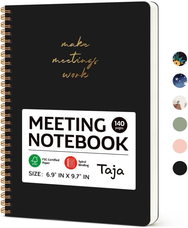 Taja Meeting Notebook for Work Organization - Work notebook with action items, Meeting Minutes Planner Notebook, Perfect Office Supplies for Men & Women - Black