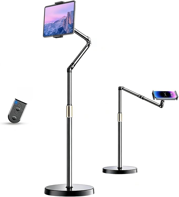 iBooMas iPad Stand,Tablet Floor Stand with Wireless Remote, Full-Angle Adjustable Overhead Phone Mount for Bed, 66" Tall Metal Stand with Heavy Base for iPad iPhone Kindle 4.7-12.9 Inch