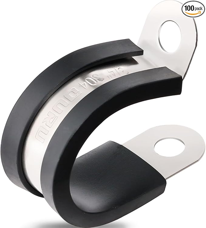 OURU 100PCS Cable Clamps 3/4 Inch 304 Stainless Steel Cable Clamps Rubber Coated Cushioned Insulated Cable Clamp,Automotive Wire Clamps,Pipe Clamps,Metal Clamp for Tube,Wire Cord Installation(19mm)