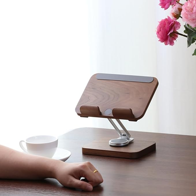 Adjustable Tablet Stand for Desk - Walnut Wood Portable Tablet Holder with Customizable Height & Angle, Sturdy Dock for iPad Pro/Air/Mini, Kindle, E-Reader, Phone & Small Laptops (Home/Office Use)