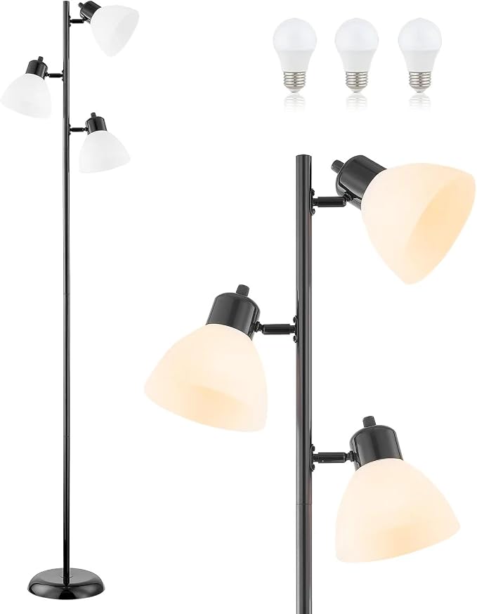 Modern Tree Floor Lamp for Living Room Bedroom, Tall Pole Standing Lamps with 3 Adjustable Rotating Heads for Office, Decor Corner, Reading Indoor, 3 Bright Lights LED Bulbs Included (Black)