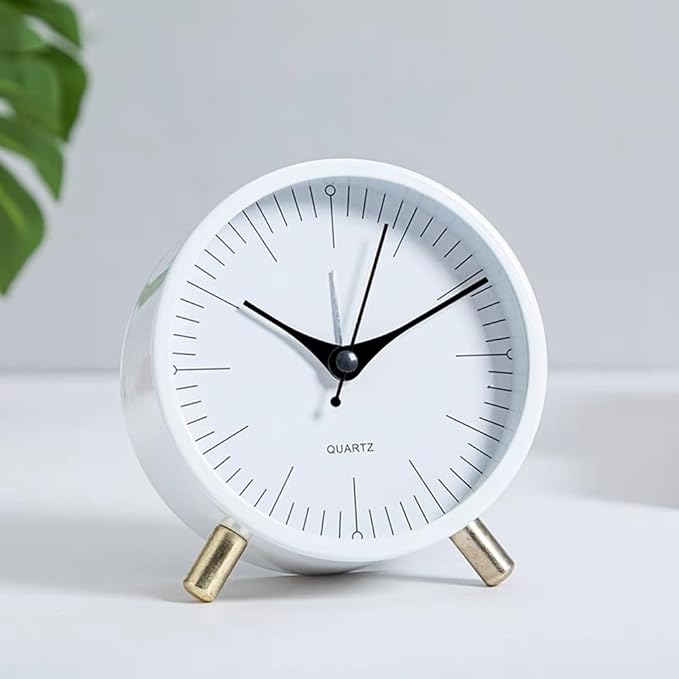 SHISEDECO Alarm Clock with Backlight, 4.5 inches Bedside Analog Non-Ticking Silent Small Deskclock with Arabic Numerals, Battery Operated Round Tableclock for Living Room, Bedroom (White-S)