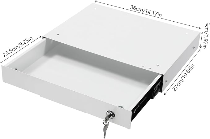 14.17" Under Desk Storage Drawer, Locking Design White Sliding Pull-Out Drawer for Sit Stand Workstation