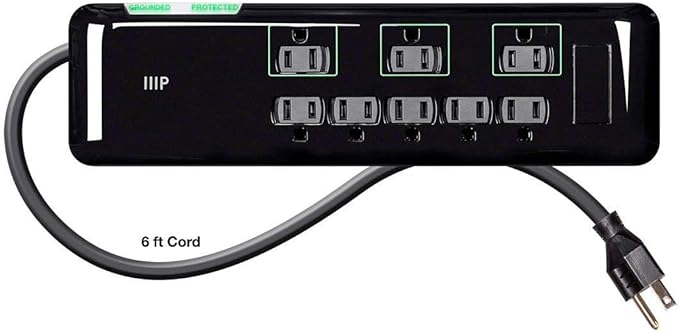 Monoprice 8 Outlet Mini Surge Protector - Heavy Duty Cord, UL Rated 3,420 Joules With Grounded And Protected Light Indicator, 6 Feet, Black
