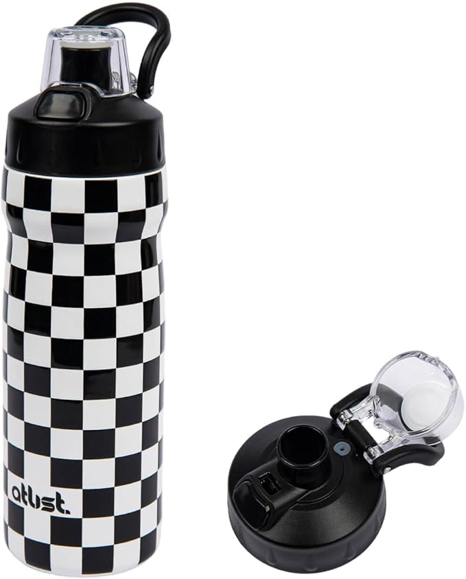 Magnetic Water Bottle with Straw 18 oz - Stainless Steel Insulated Tumbler for Gym & Bike (Fits Holders) - Leak Proof Pop-Up Lid, 2-in-1 Sip or Chug, Handle & Cute Black Checkered Print