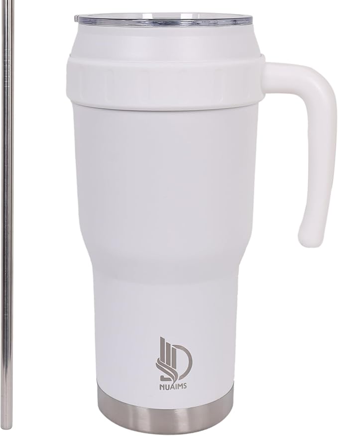 40 Oz Tumbler with Handle & Straw Lid, Insulated Stainless Steel Vacuum Flask, Double Wall Thermal Car Cup for Hot & Cold Drinks, Leak Proof, BPA Free (Off White)