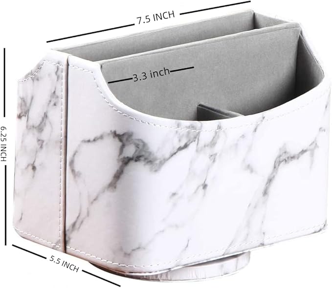 Arniche PU Leather Remote Control Holder,360 Degree Spinning Desk TV Remote Caddy,Desk Organizers and Accessories,for Controller,Media,Mail,Calculator,Mobile Phone,Pen Storage Holder(White Marble)