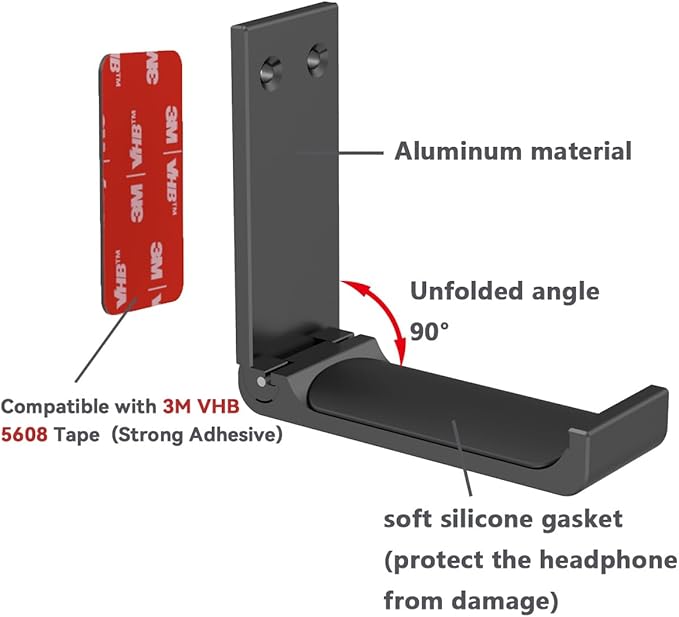 Yocice Headphone Stand Hanger,Headset Holder Mount,Aluminum Hook with Strong Adhesive Tape for Headphones (H03-Black-1PCS)