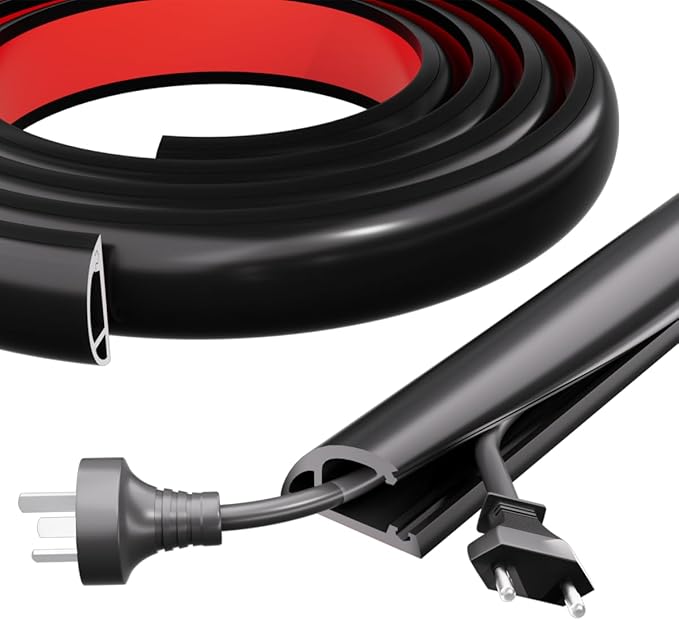 Kneelisa 4FT Side-Open Extension Cord Covers for Wires on Floor,Silicone Power Cable Protector Cord Hider Management Strip,Hide Electric Wire on Carpet,Chord Runner Protective Safety Wiremold,Black