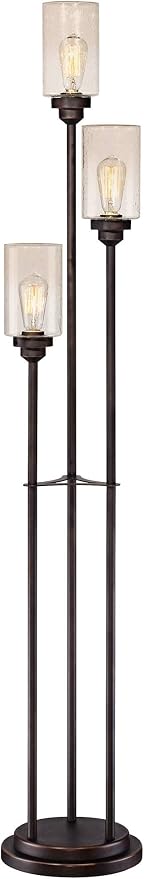 Franklin Iron Works Libby Modern Industrial Tree Floor Lamp Standing 66" Tall Oiled Bronze Metal 3-Light Amber Seedy Glass for Living Room Reading Bedroom Office House Home Decor