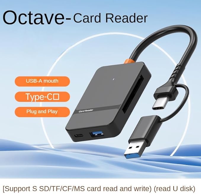 High-Speed 8-in-1 USB 3.0/USB-C OTG Card Reader - 104MB/s CF/SD/TF/MS Adapter with Dual Ports & LED | Mac/PC/Android