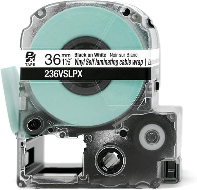 Epson LABELWORKS 236VSLPX-5PK Genuine Tape Cartridge - 5 Pack of Black on White Durable Vinyl Self Laminating Overwrap Industrial Label Maker Tape - 1.5" (36MM) Wide, 26.2 ft - 5 Pack