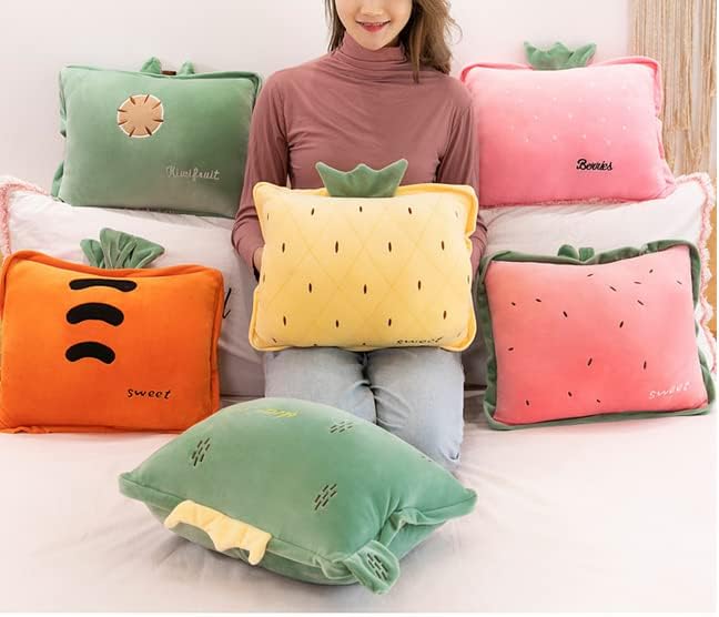 Rikyo 15" Stuffed Fruit Travel Blanket and Pillow Set,3 in 1 Plush Stuffed Hugging Pillow with Warming Hands Pillow Blanket for Kids Gift Travel Airplane Train Bed Office Nap (Cactus - Green)