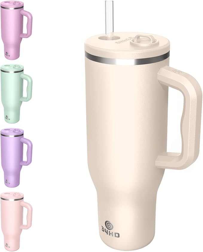 34HD 40 oz Stainless Steel Tumbler - Leakproof Insulated Water Bottle with Handle, Magnetic Lid and Flexible Straw - Iced for 48 Hours – Perfect for Men, Women, Birthday Gift, White - Vanilla Cloud