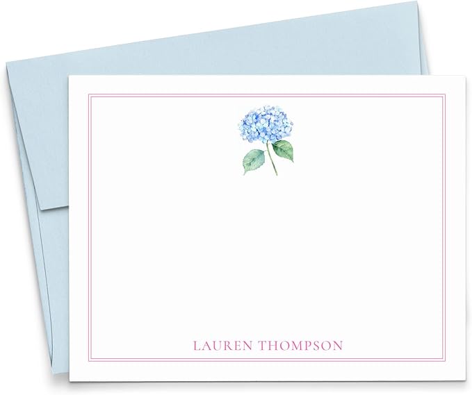 Personalized Hydrangea Stationery Cards And Envelopes Set, FLAT Watercolor Flower Cards With Name, Blue Hydrangea Notecards For Studying, Floral Note Card Set, Your Choice of Colors and Quantity