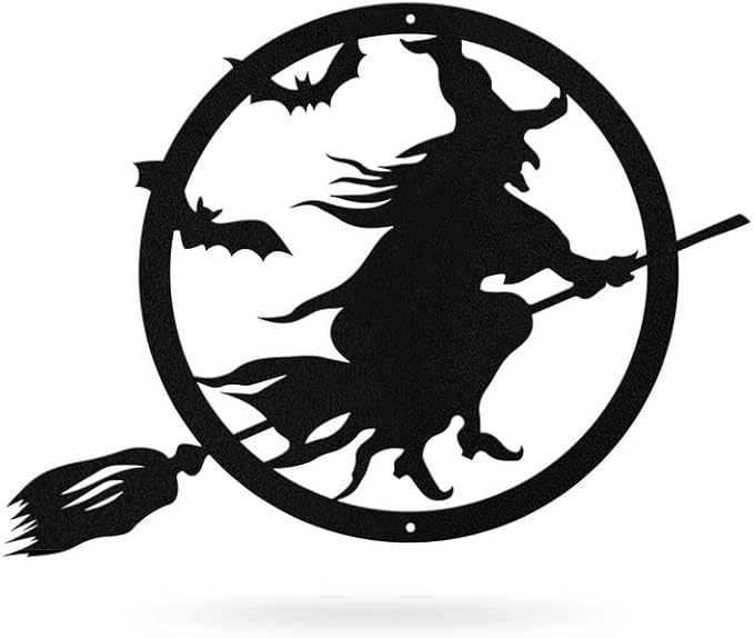 RealSteel Witch Halloween Decoration - Metal Broom Riding Décor - Scary Indoor Outdoor Wall Sign for Haunted Houses - Wicked Witch Flying Porch Art - Flying Bats Front Door Art (30, Black)