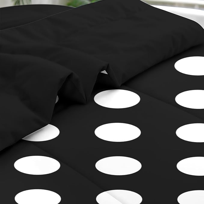 Comforter Set Full Size, Polka Dot Retro White Black 7 Pcs Bedding for Kids and Adults, Geometric Plaid Modern Bed Sheet Sets with Fitted Sheet 2 Pillowcase & 2 Sham for Bedroom Bed Decor