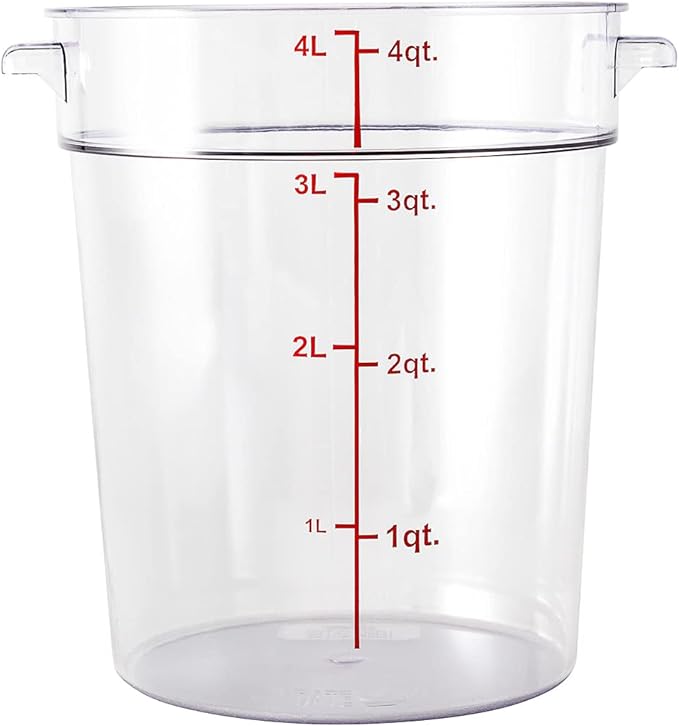 Met Lux 4 Quart Food Storage Container, 1 Round Commercial Storage Container - Lid Sold Separately, With Volume Markers, Clear Plastic Food Prep Bucket, Space-Saving Storage