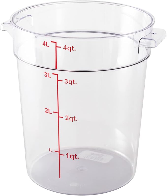 Met Lux 4 Quart Food Storage Container, 1 Round Commercial Storage Container - Lid Sold Separately, With Volume Markers, Clear Plastic Food Prep Bucket, Space-Saving Storage