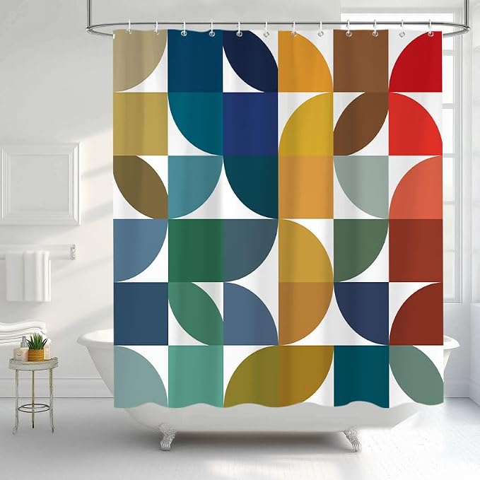 Colorful Mid Century Modern Shower Curtain, Boho Abstract Geometric Retro Art Shower Curtains for Bathroom, Rainbow Unique Cute Pattern Polyester Fabric Bathroom Set 12 Hooks 72X84IN