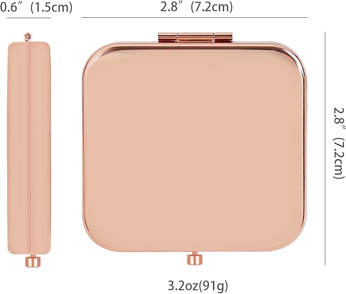 Small Compact Mirror, Rosegold Square 2.8”×2.8” Metal Frame Smooth Style Double Sided Mini Magnifying 1X/2X Mirror for Purse Can be Used as Gifts for Woman (RGNe03)