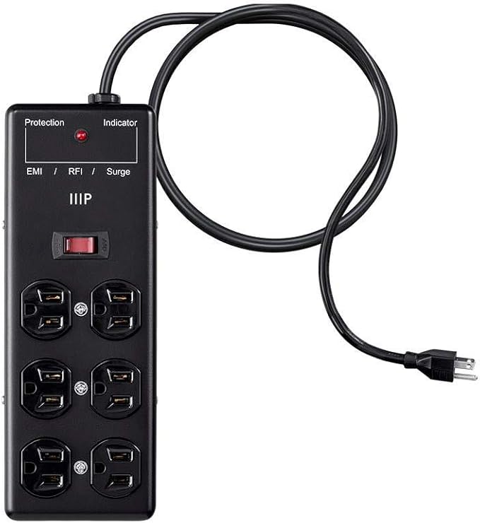 Monoprice Metal Surge Protector Heavy Duty Power Box - 6 Outlet - Black with 6 Feet Cord/Cable, 540 Joules, UL Certfied