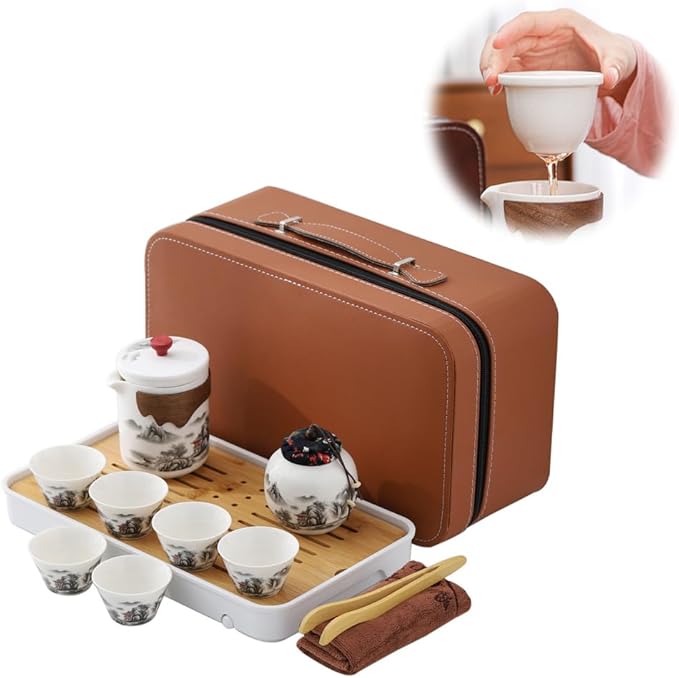 Portable Chinese Kung Fu Tea Set with Removable Infuser - 6 Cup Ceramic Travel Tea Set for Home, Office, or Outdoor Use