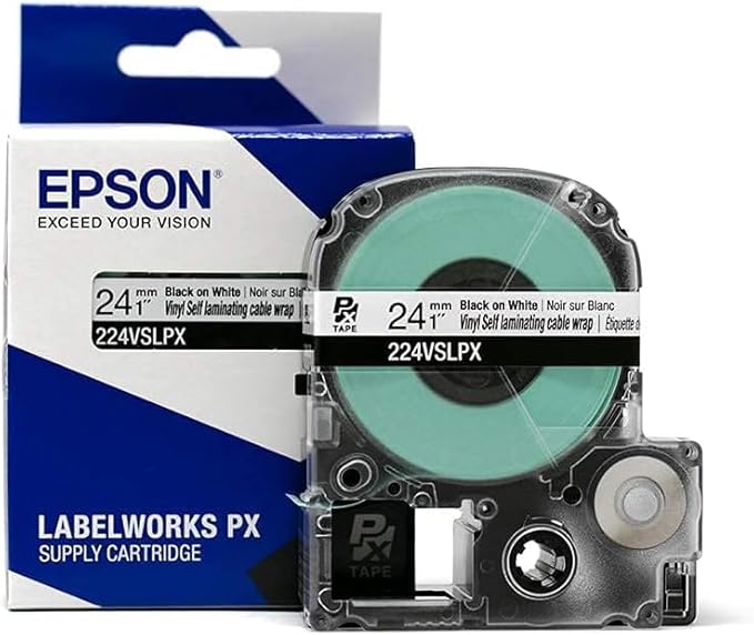 Epson LABELWORKS 224VSLPX-5PK Genuine Tape Cartridge - 5 Pack Black on White Flexible and Durable Vinyl Self Laminating Overwrap Industrial Label Maker Tape - 1" (24MM) Wide, 26.2 ft 5 Cartridges