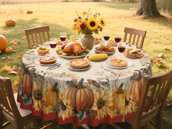 Eikione Sunflower Round Tablecloth 60In, Fall Tablecloth Waterproof and Reusable, Yellow Flower Rustic Floral Table Covers for Holiday Outdoor Decor