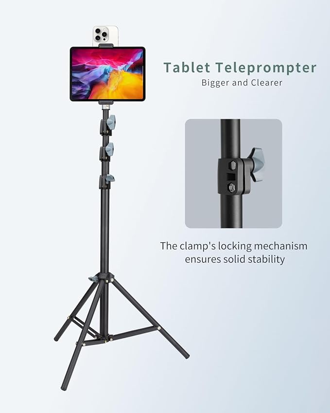 Large Screen Teleprompter Holder for Tablet & Phone with 70.8" Extendable Tripod, Dual Device Design, Compatible with iPad/iPhone/Samsung and More. Perfect for Live Streaming/Video Recording
