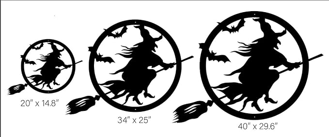 RealSteel Witch Halloween Decoration - Metal Broom Riding Décor - Scary Indoor Outdoor Wall Sign for Haunted Houses - Wicked Witch Flying Porch Art - Flying Bats Front Door Art (24, Orange)
