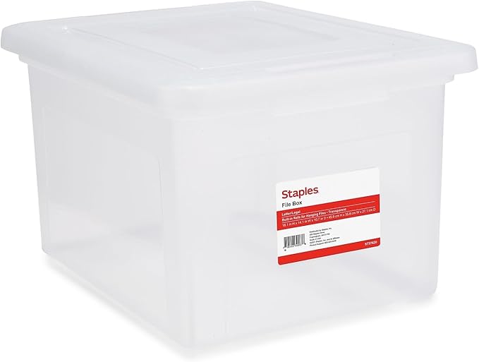 STAPLES Hanging File Folder Box, Storage Bin Organizer, Snap Lid, Letter & Legal Size Documents, Clear