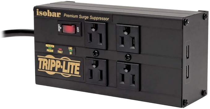 Tripp Lite Isobar 4 Outlet Surge Protector Power Strip with 2 USB Charging Ports, 8ft Long Cord, Right-Angle Plug, Metal, 3330 Joules, Lifetime Limited Warranty & $50K Insurance (IBAR4ULTRAUSBB)