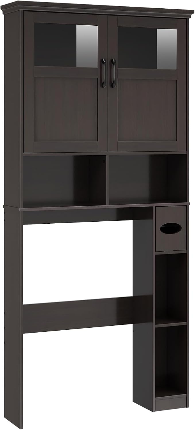 Over The Toilet Storage Cabinet, Storage Cabinet Over Toilet with Double Doors & Toilet Paper Holder Stand, Freestanding Toilet Shelf Space Saver with Anti-Tip Design & Adjustable Shelf, Espresso