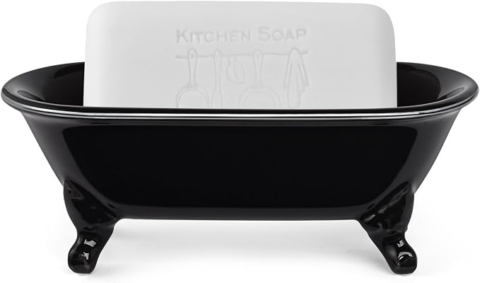 6.5" Ceramic Mini Decorative Clawfoot Bathtub Bar Soap Dish, Kitchen Sponge Holder and Shower Tray for Bathroom, 1 Pack (Black Silver Rim)