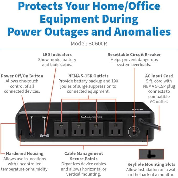 Tripp Lite 600VA UPS Desktop Battery Backup and Surge Protector, 300W, 4 Outlets, Home & Office UPS, Small Form Factor, Wall Mounting Option, 5ft Cord, 3-Year Warranty (BC600R)