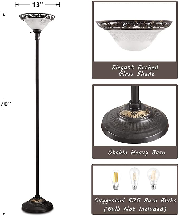 Luvkczc Victorian Floor Lamp, 70" Elegant Standing Lamp with Alabaster Glass Shade, Metal Pole & Heavy Base, Vintage Tall Corner Lamp for Bedroom, Living Room, Office. No Bulbs (1 Head)